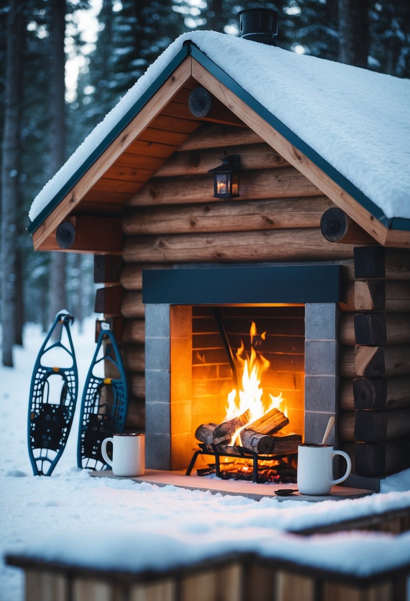 A cozy cabin nestled in a snowy forest, with a crackling fire, steaming mugs of hot cocoa, and a pair of snowshoes leaning against the wall