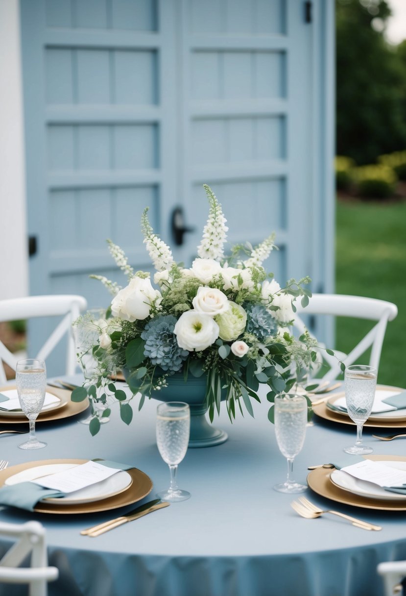 A serene, dusty blue wedding table setting with white and green floral centerpieces