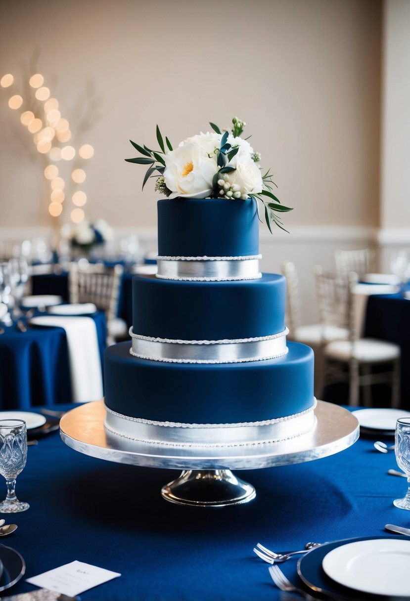 A navy blue wedding cake with silver accents and matching table decor