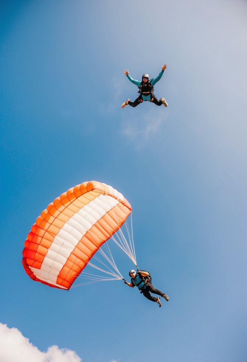 A skydiver soaring through a clear blue sky, with coral blue accents on their parachute and gear