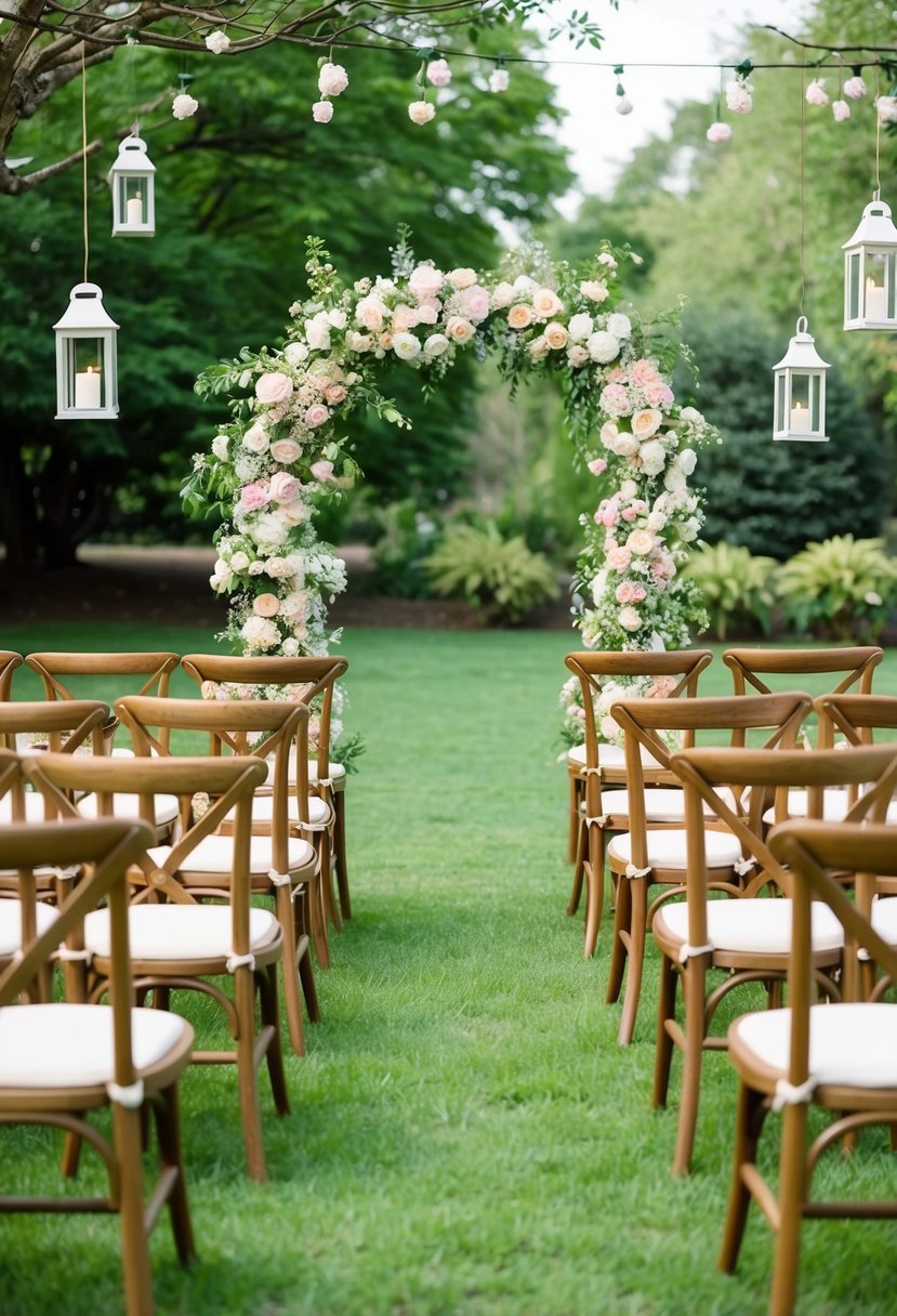 A garden wedding with wooden chairs arranged in a semi-circle around a floral archway, with lanterns hanging from the trees and a soft, pastel color palette