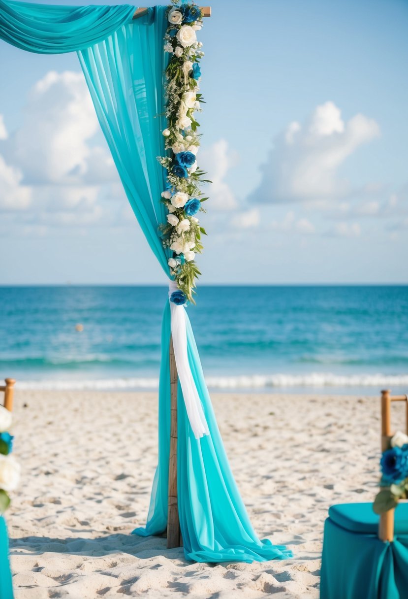 A beach wedding with teal blue and ocean blue decor, featuring a seaside backdrop and coastal elements