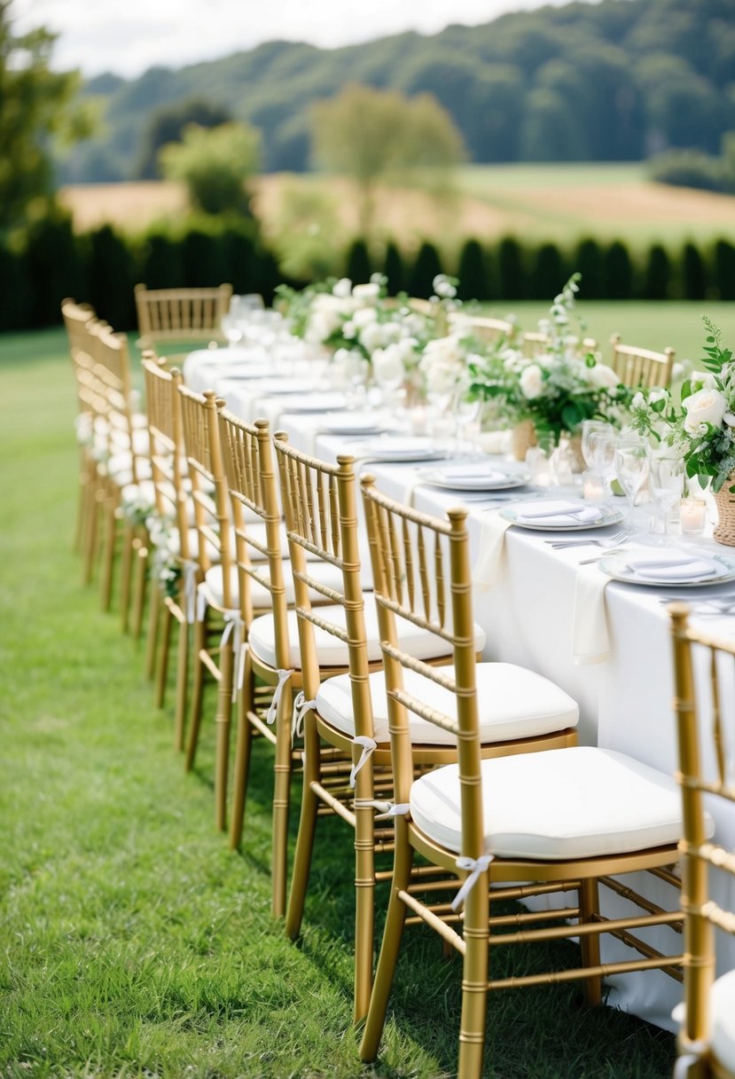 Elegant Chiavari chairs arranged in a picturesque outdoor setting for a wedding