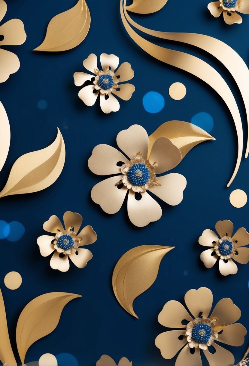 A midnight blue and gold color palette with elegant swirls and floral accents