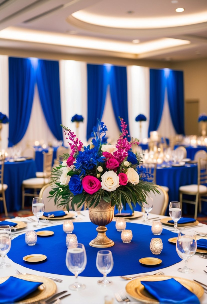 A royal blue and fuchsia blue wedding color palette with elegant floral arrangements and decorative accents in a luxurious ballroom setting