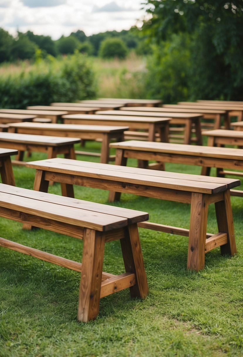 Rustic wooden benches arranged in a natural outdoor setting for a vintage feel wedding seating area