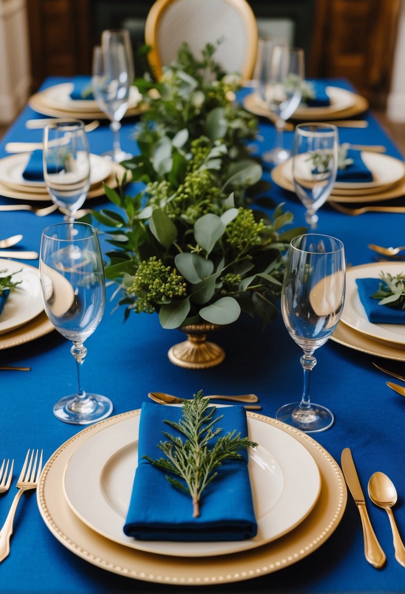 A French blue table setting with ivory plates and greenery centerpieces