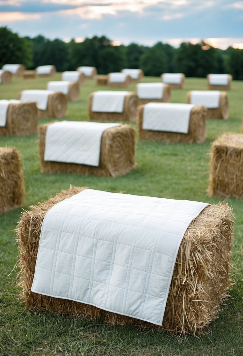 Quilt-covered hay bales arranged in a rustic outdoor setting for a wedding