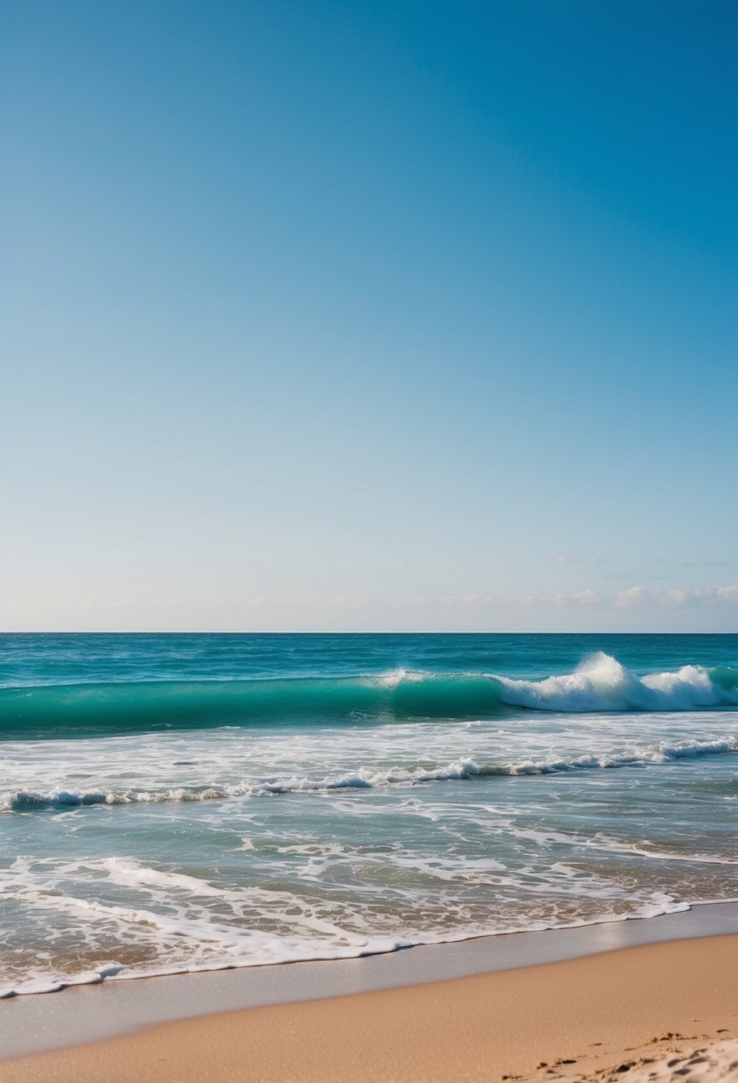 A beach wedding with light blue ocean waves and sandy tan shore under a clear blue sky