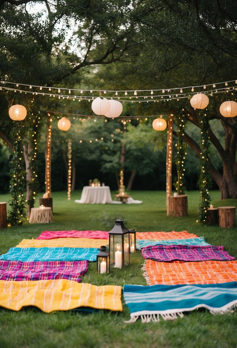 Colorful picnic blankets spread out on grass under a canopy of trees, with lanterns and bohemian decor creating a relaxed outdoor wedding seating area