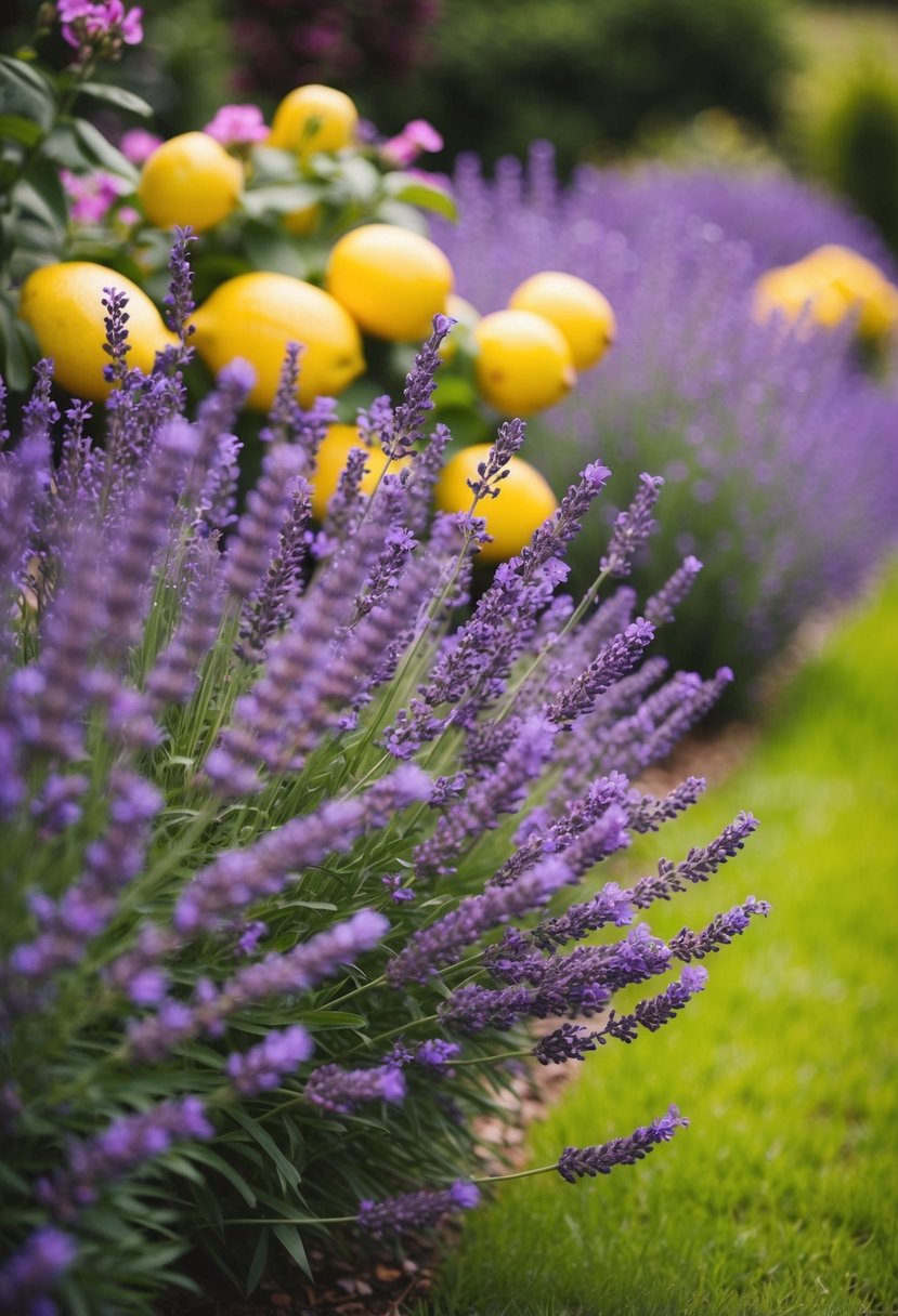 A serene garden adorned with lush lavender blooms and vibrant lemon accents, creating a whimsical and romantic wedding color palette