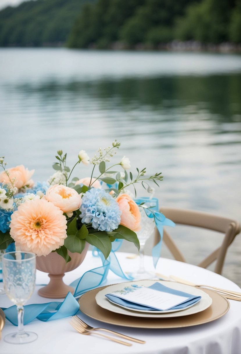 A serene lakeside setting with peach and blue flowers, accented by delicate ribbons and table decor