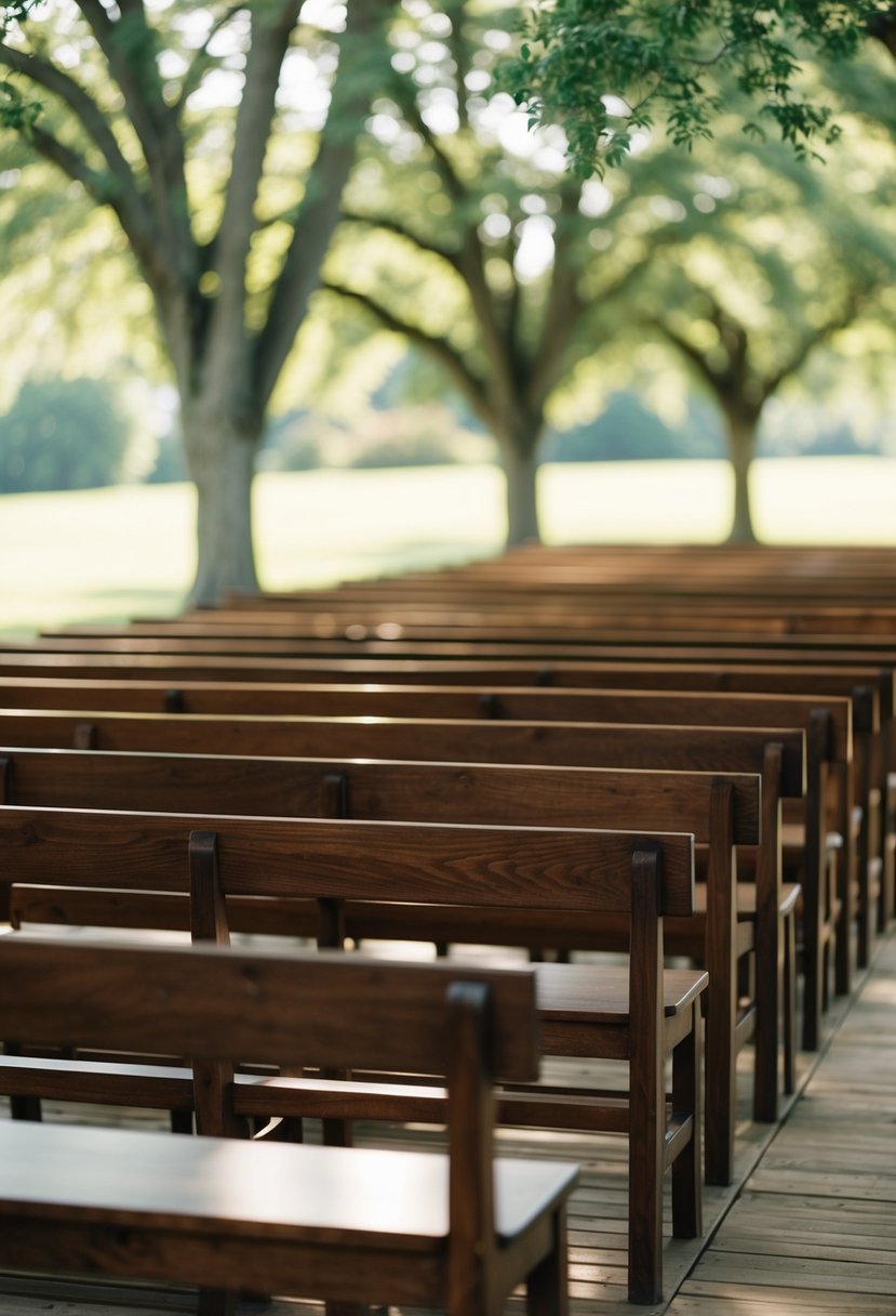 Rows of wooden pews arranged under a canopy of trees for a traditional outdoor wedding