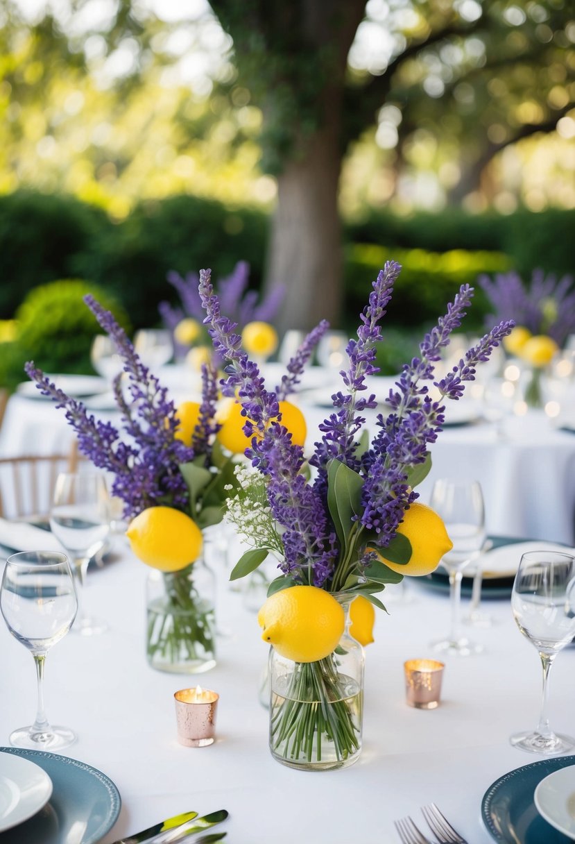 A table adorned with lavender and lemon centerpieces, exuding a fresh and elegant ambiance for a wedding celebration