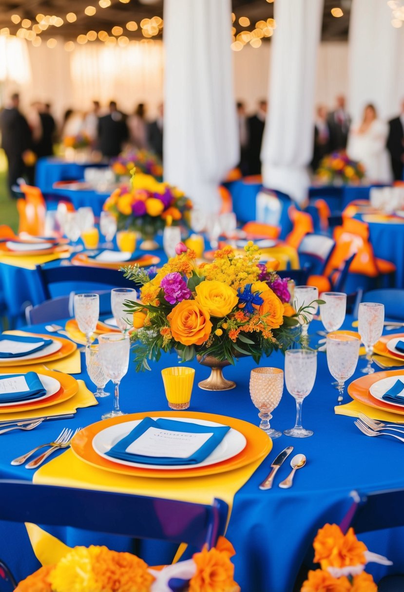 A royal blue, orange, and yellow wedding table adorned with vibrant floral centerpieces and matching place settings