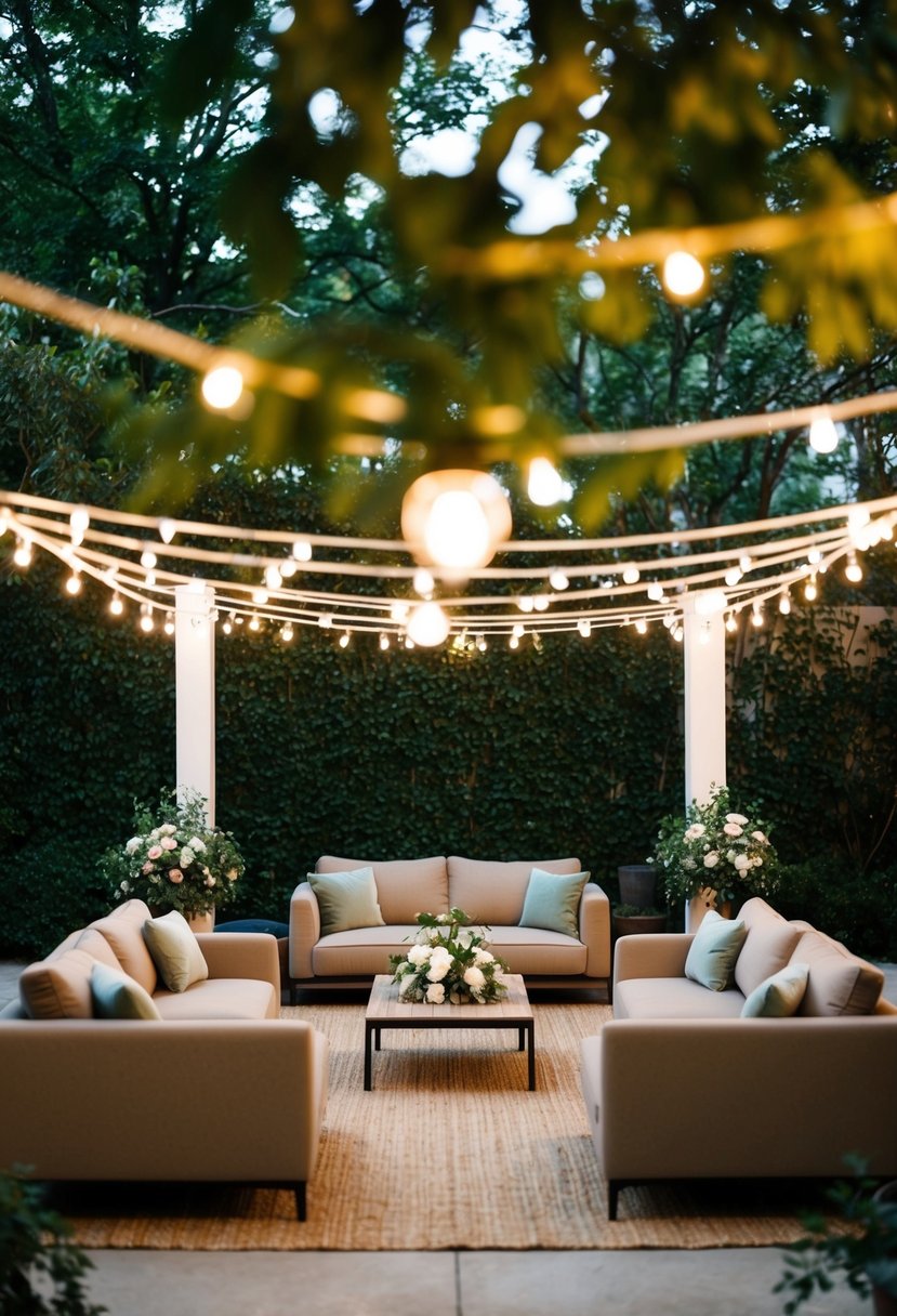 Cozy outdoor lounge with plush couches, surrounded by greenery and soft lighting, perfect for a romantic wedding setting