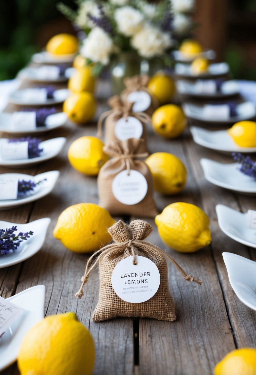 A rustic table adorned with lavender sachets and lemons, serving as wedding favors