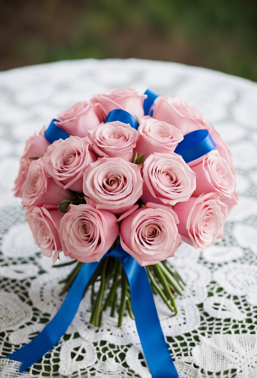 A blush pink rose bouquet with blue ribbons on a white lace tablecloth