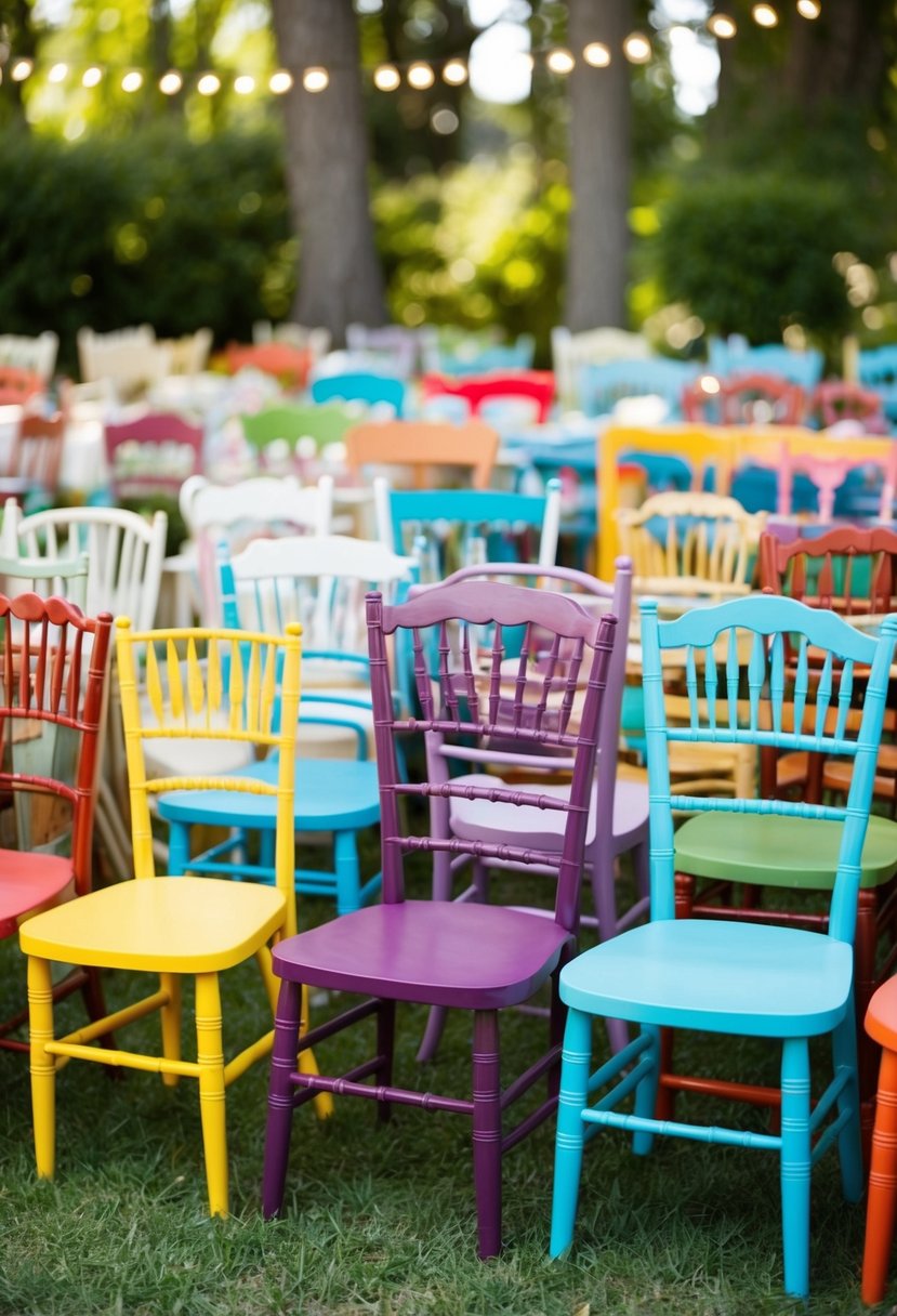 An array of mismatched chairs arranged in a whimsical outdoor setting for a wedding