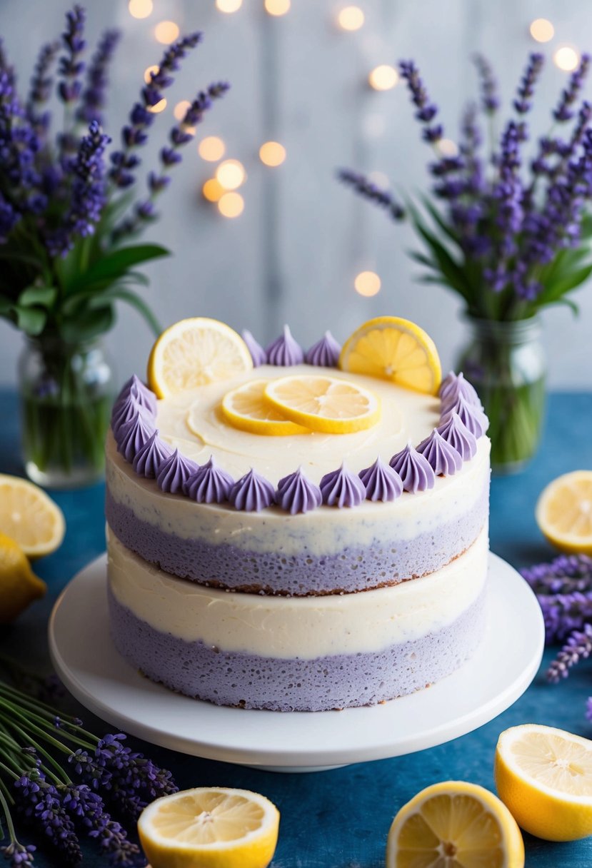 A lemon cake with lavender frosting sits on a table, surrounded by fresh lavender flowers and lemon slices