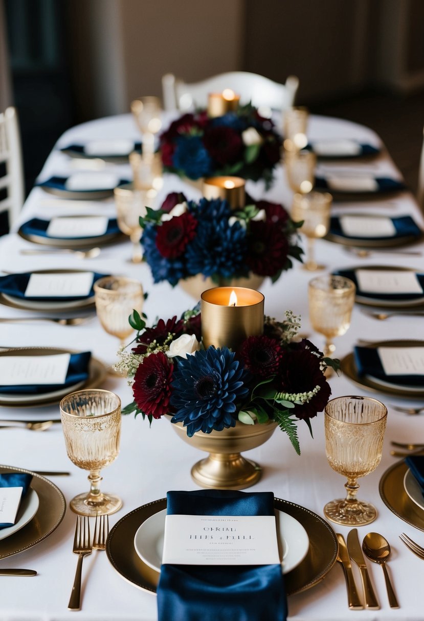 A wedding table adorned with deep burgundy and navy blue floral centerpieces, accented with gold candle holders and elegant place settings