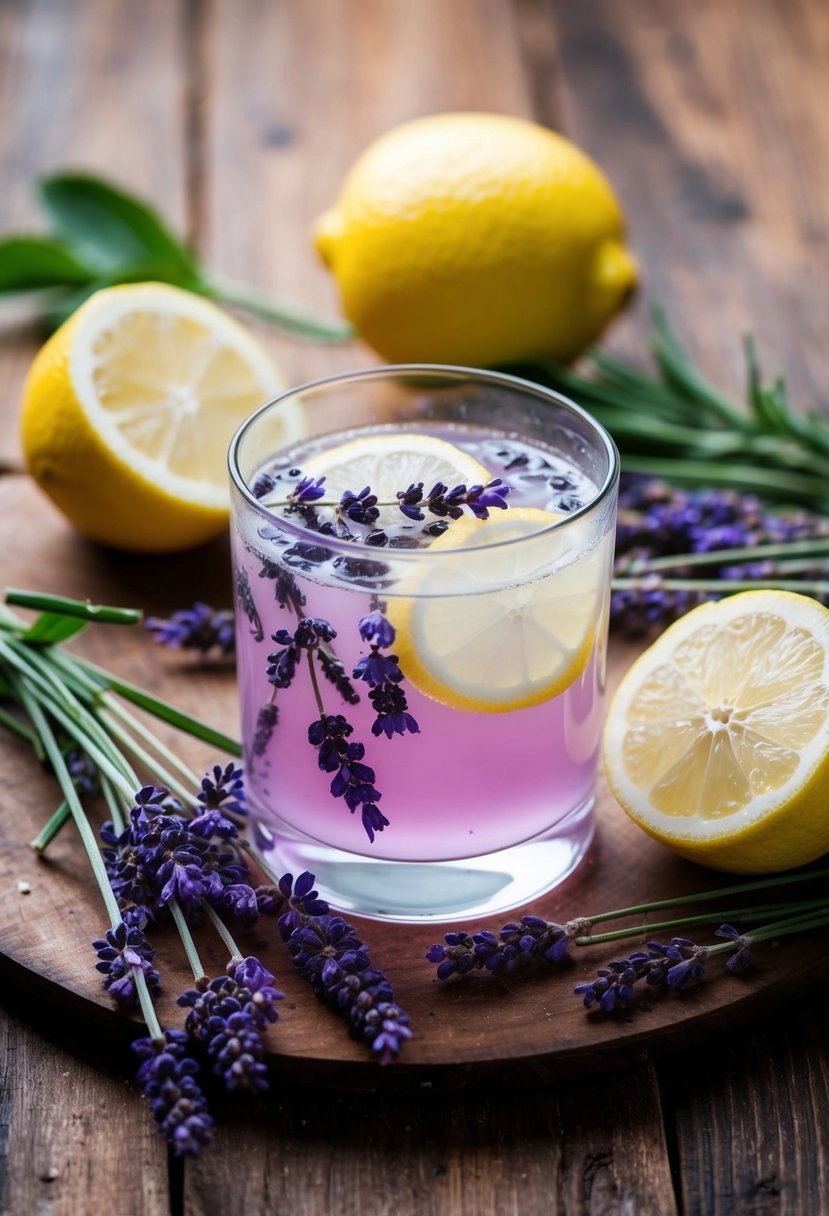 A glass of lavender-infused lemonade surrounded by fresh lavender and lemons on a rustic wooden table