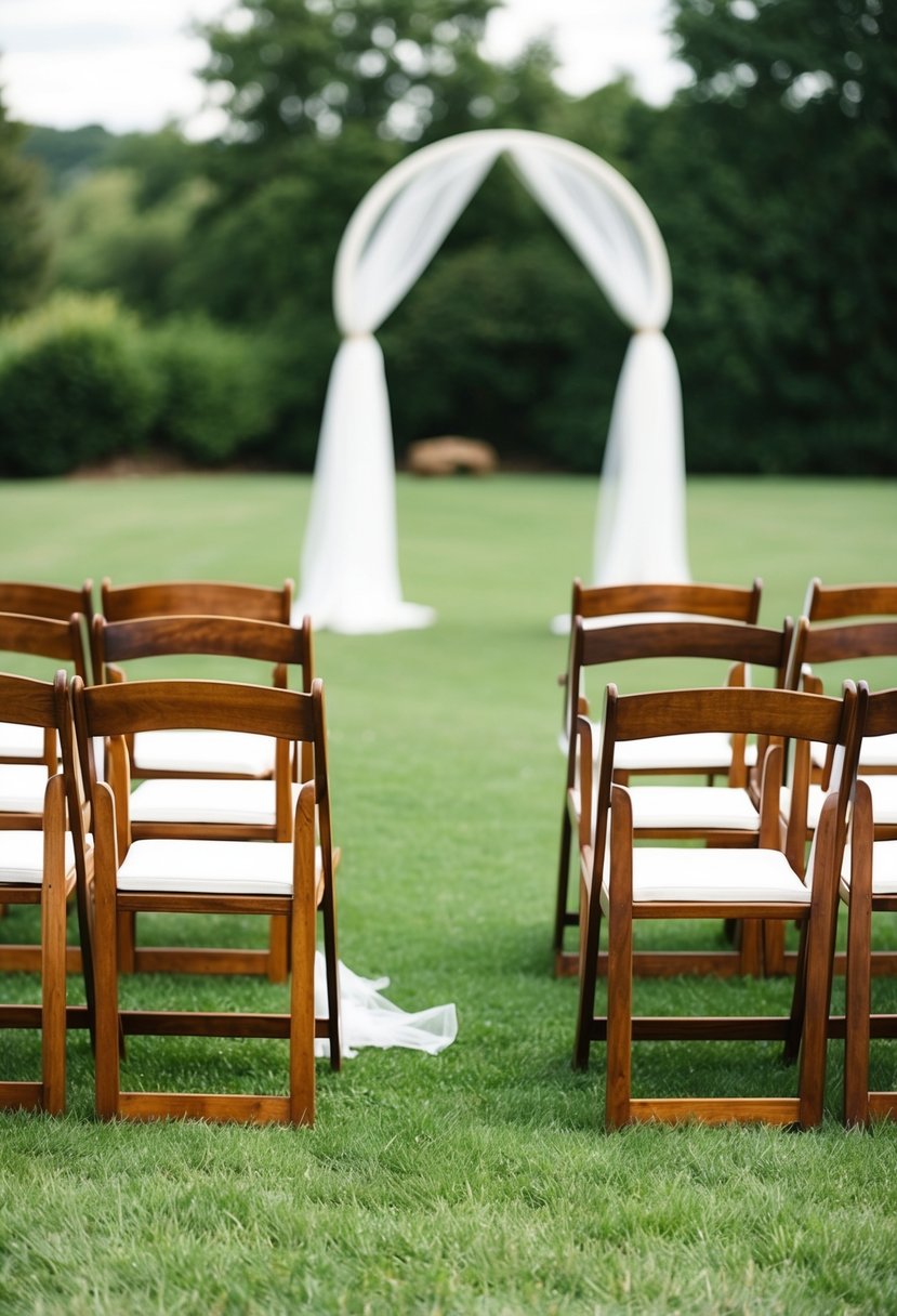 Wooden chairs arranged in a semi-circle on a grassy lawn, with a white wedding arch in the background