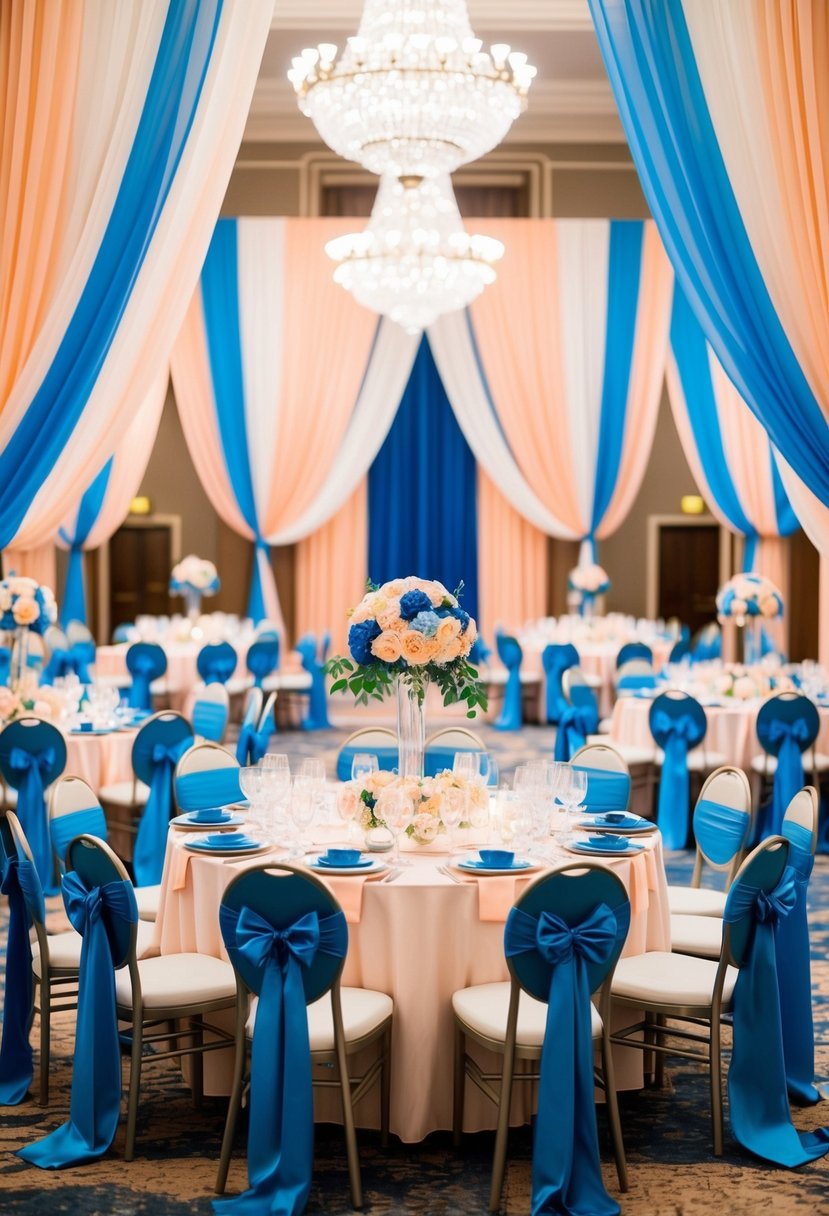 A grand ballroom with blue and peach floral arrangements, elegant table settings, and flowing drapery in the same color scheme