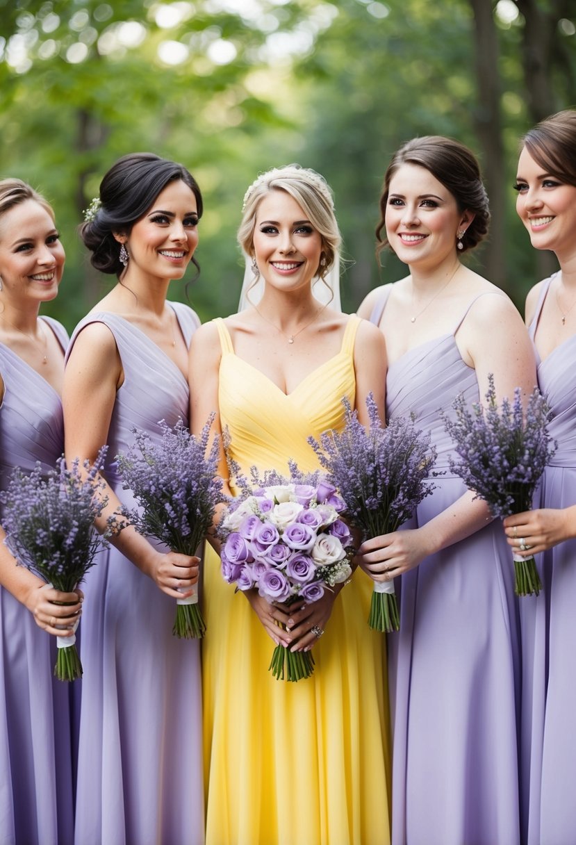 Lavender and yellow bridesmaid dresses holding lavender bouquets