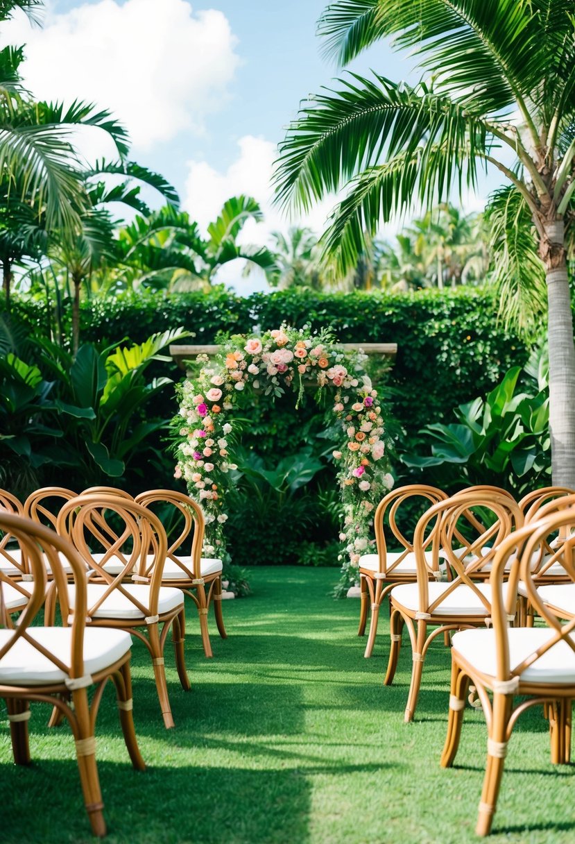 A lush garden setting with rattan chairs arranged around a floral-filled altar for a tropical outdoor wedding