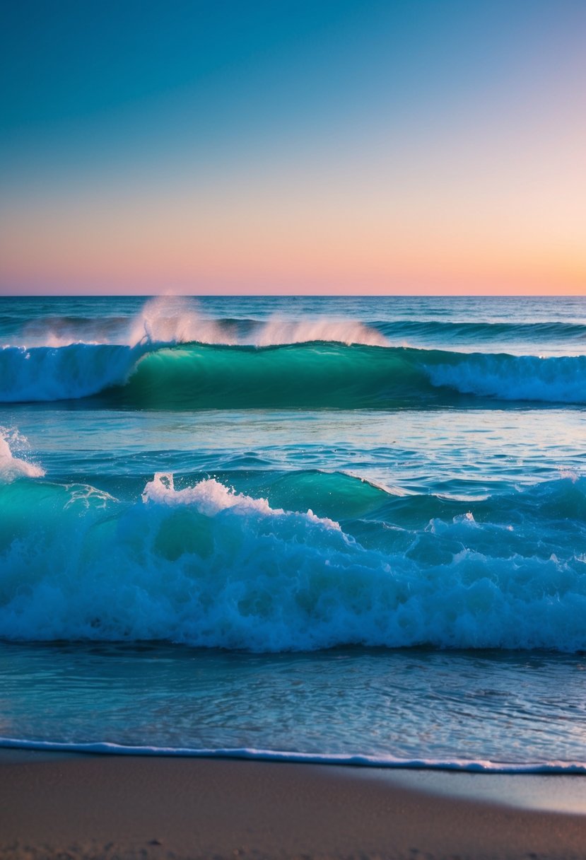 A serene beach at sunset, with teal and light blue waves crashing against the shore, creating a beautiful contrast against the deep blue sky