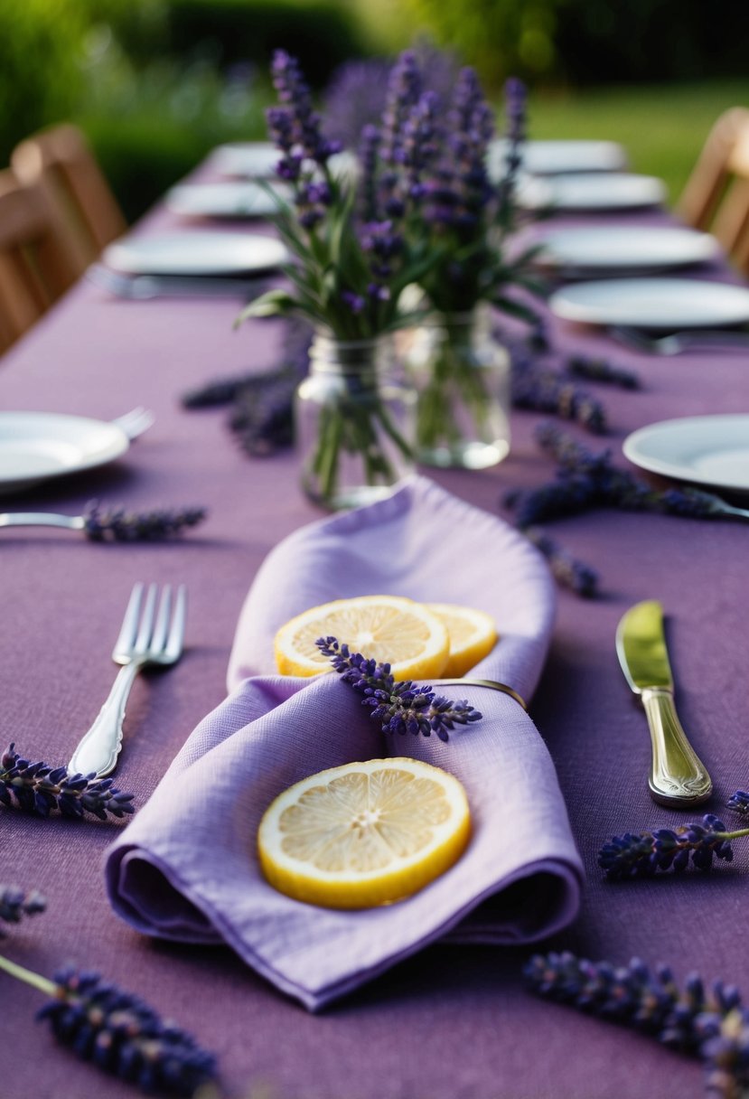 A lavender napkin tied with lemon slices on a table with scattered lavender flowers