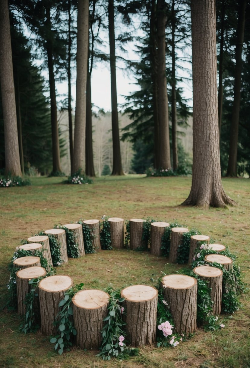 Tree stumps arranged in a semi-circle, draped with greenery and flowers, surrounded by towering trees in a serene woodland setting