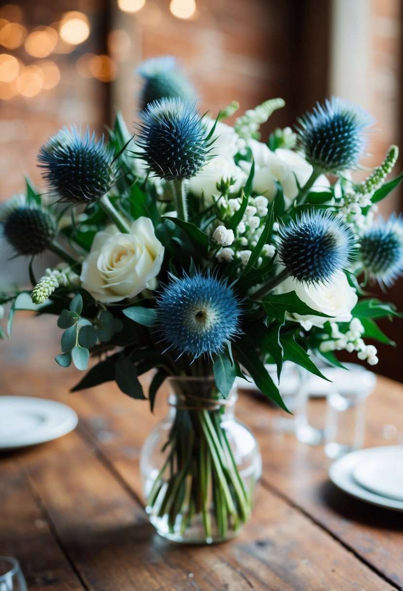 A blue thistle and white bouquet arranged on a rustic wooden table