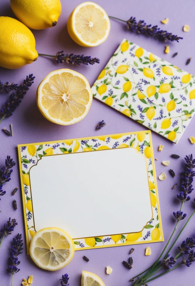 A vintage lemon and lavender stationery set with scattered lavender and lemon blossoms