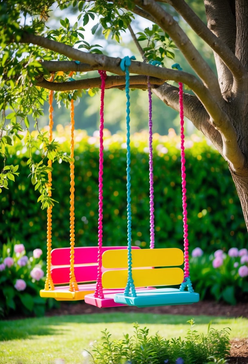 Colorful swings hang from a tree, surrounded by lush greenery and blooming flowers, creating a playful and whimsical atmosphere for outdoor wedding seating