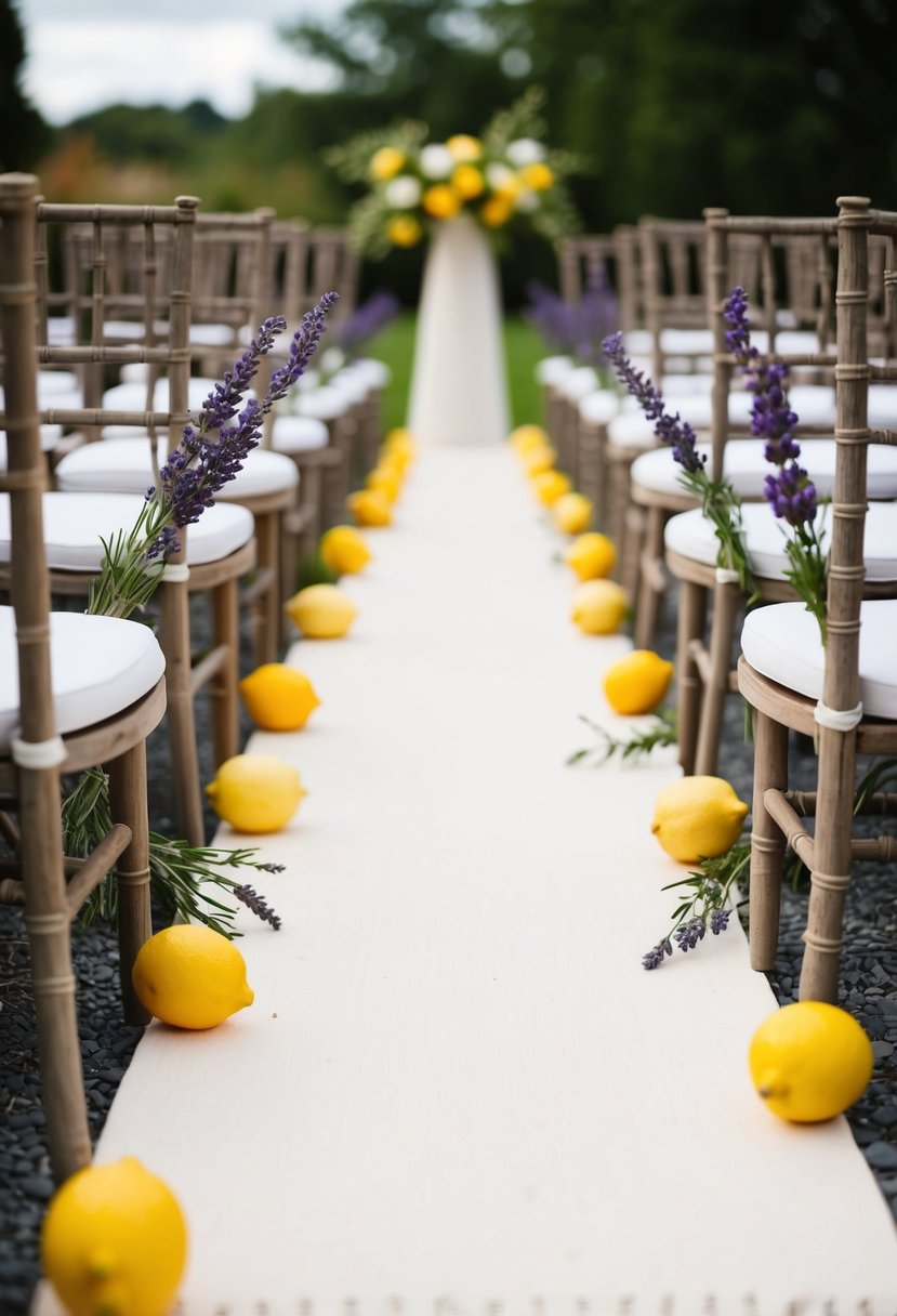 A rustic wedding aisle with lemon and lavender decorations