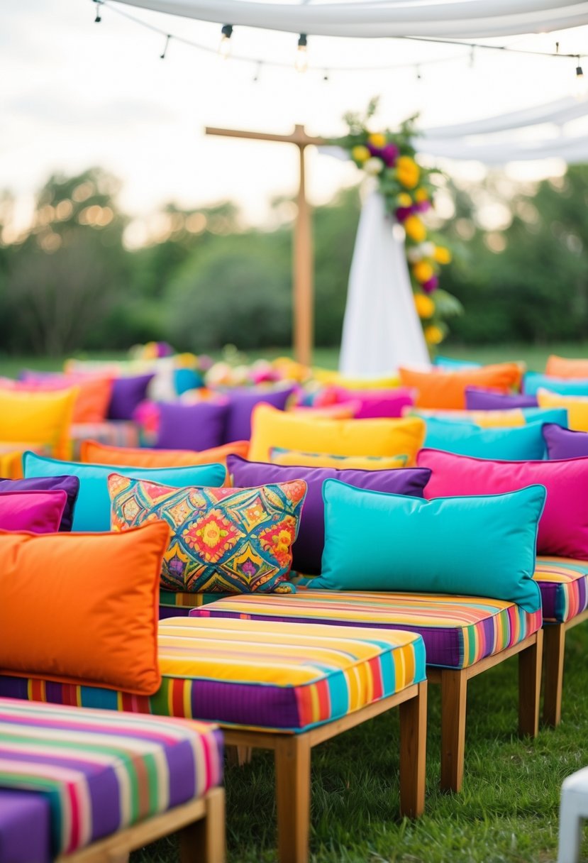 Colorful cushioned benches arranged in an outdoor wedding setting, with vibrant hues and patterns adding a festive touch to the seating area