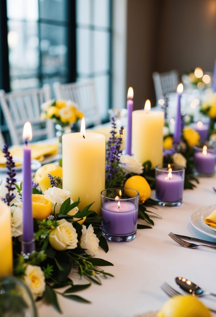 A wedding table adorned with lavender-scented candles, surrounded by lemon-colored flowers and decor