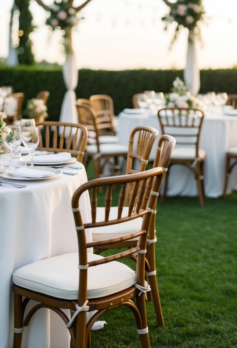 Chic bistro chairs arranged in a stylish outdoor setting for a wedding