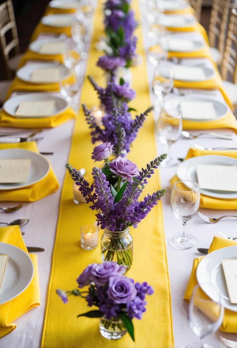 Lemon yellow table runners adorned with lavender flowers, creating a vibrant and elegant wedding color scheme