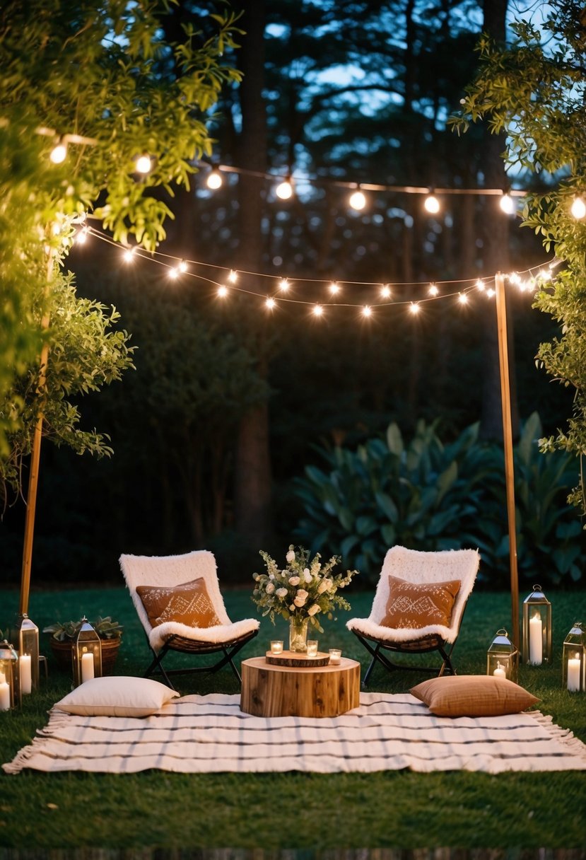 A cozy outdoor wedding scene with blanket seating arranged in an intimate setting, surrounded by twinkling lights and lush greenery