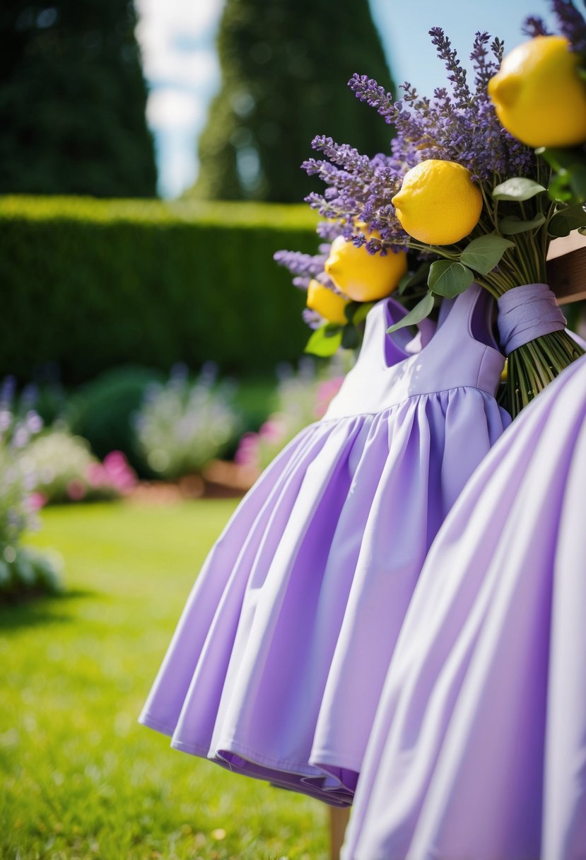 Lavender dresses with lemon bouquets in a garden setting