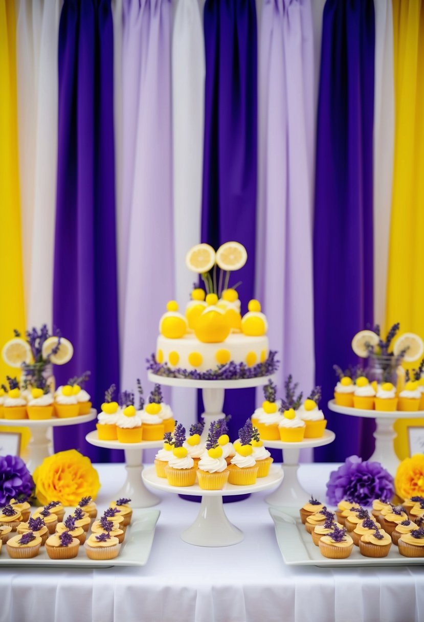 A dessert table adorned with lemon and lavender-themed treats, set against a backdrop of lavender and lemon wedding colors