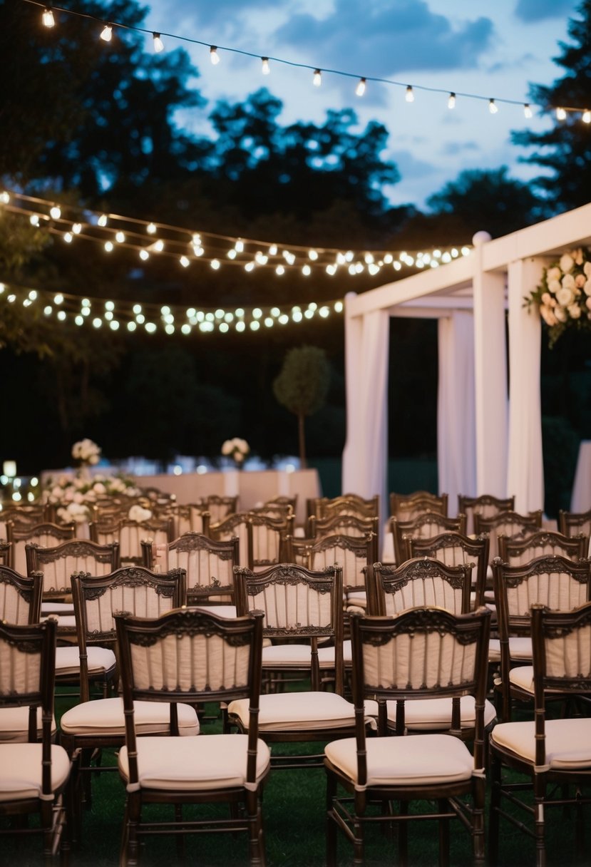 Vintage theater seats arranged in an outdoor setting, with dramatic lighting and elegant decor, creating a unique and stylish seating arrangement for a wedding