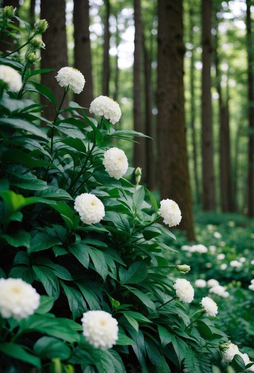 A lush forest with green foliage and white flowers, creating a serene and elegant wedding color palette