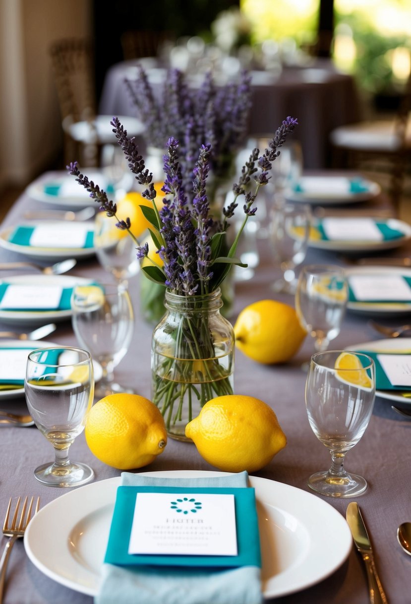 A table set with fresh lemons and lavender sprigs, with place cards in matching colors