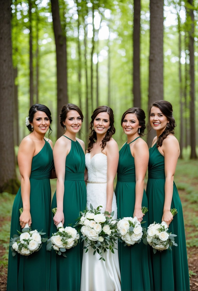 Forest green bridesmaid dresses with white bouquets in a forest setting