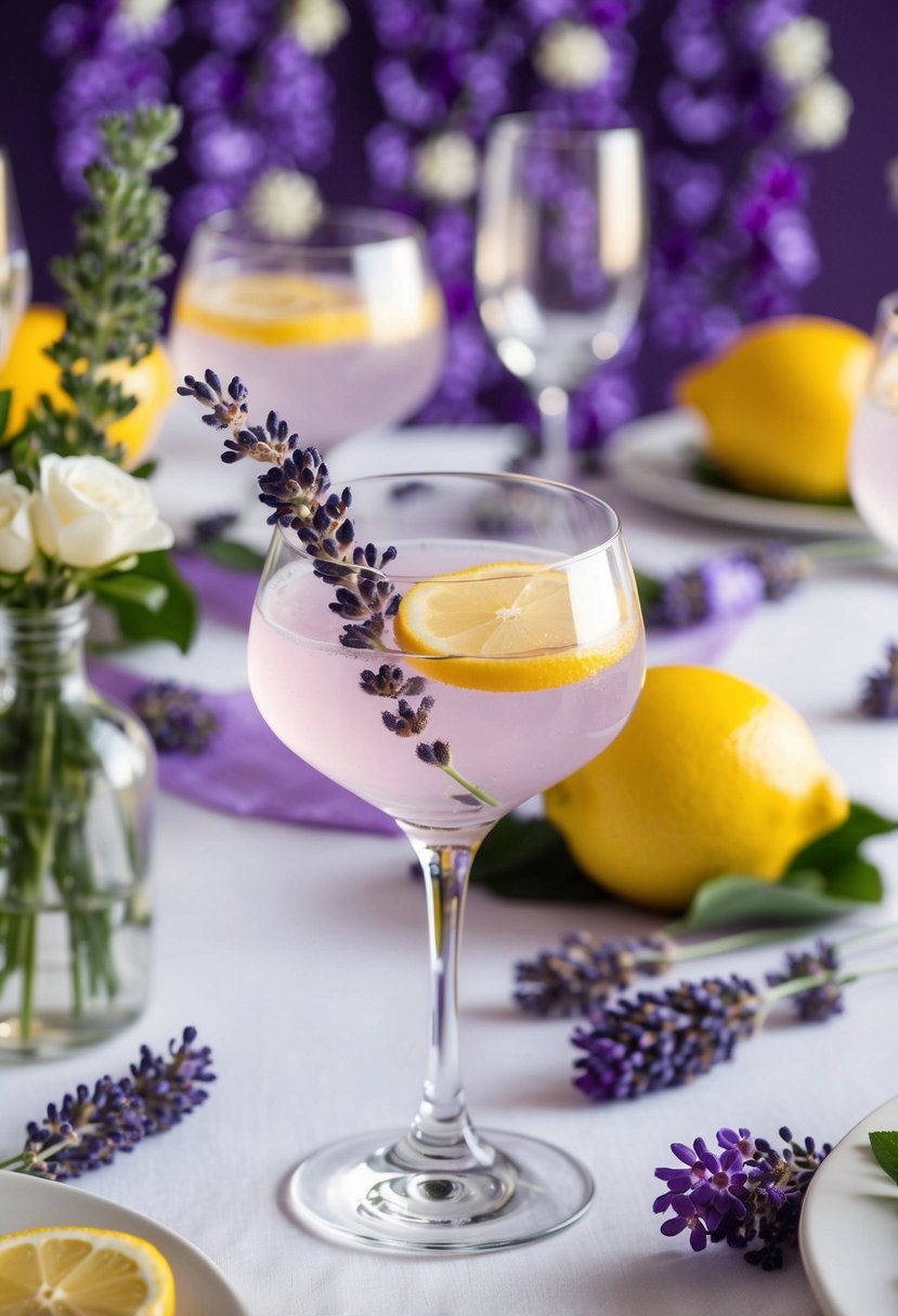 A glass filled with a lavender and lemon signature cocktail sits on a table surrounded by lavender and lemon wedding decor