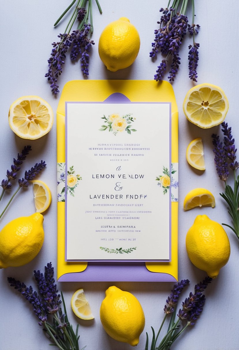 A lemon yellow and lavender wedding invitation surrounded by fresh lavender and lemons